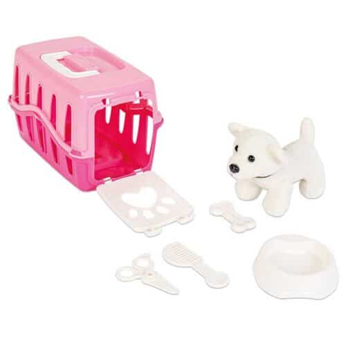 Toy dog set including dog cage and accessories pink