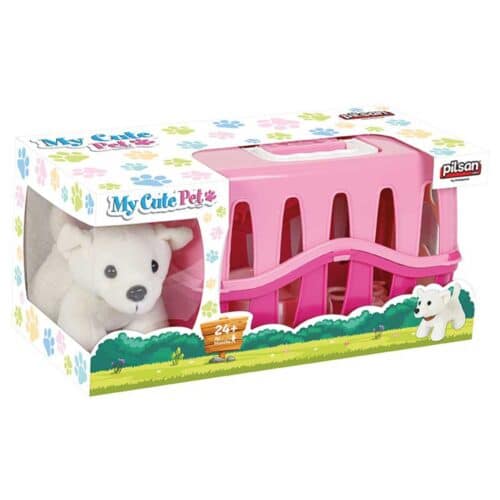Toy dog set including dog cage and accessories pink box
