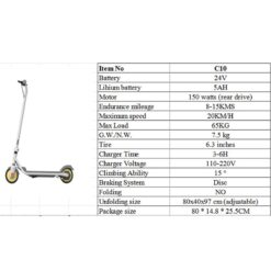 Elsparkcykel C10 Kids specifikationer