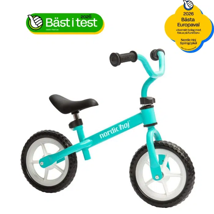 Springcykel Turkos Nordic Hoj 10″ – vinnare av Bäst i Test 2025! Tysta EVA-däck, justerbar sadel och styre med styrlås. Perfekt för barn från 2 år, max 25 kg.