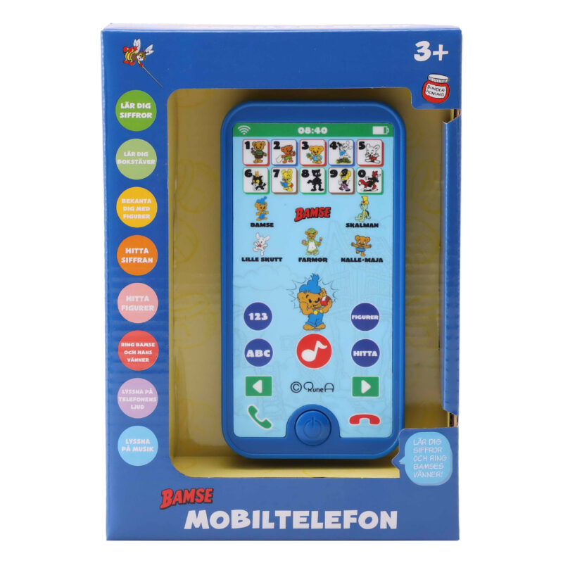 Bamse Mobiltelefon lär barn siffror och bokstäver på ett roligt sätt. Lyssna på musik och "ringa" Bamse. Batterier ingår. Från 3 år.