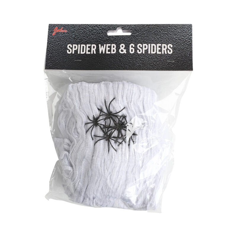 Spinnenweb 120 g met 6 spinnen - perfect voor Halloween en griezelige decoraties. Bedekt grote oppervlakken en creëert een griezelige sfeer.