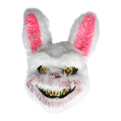 Scary Bloody Rabbit Mask in PVC with faux fur, pink ears and yellow eyes. Perfect for Halloween, masquerades and scary costumes for adults. 