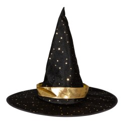 Häxhatt Svart/Guld Barn – klassisk Halloween-häxhatt med guldstjärnor och band. Bekväm och magisk hatt för barnkalas, maskerader och Halloween-fester!