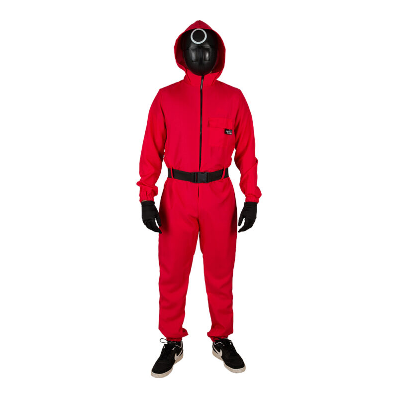 Squid Game Circle Mask in plastic, one size for adults. Black mask with white circle, perfect for Halloween, masquerades and movie and TV themes.