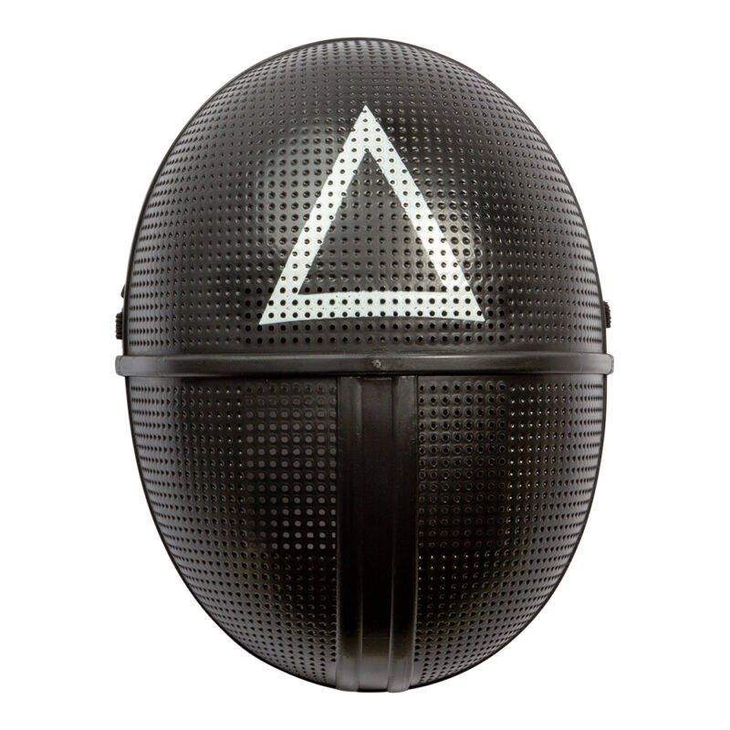 Squid Game Triangle Mask - black mask with white triangle, inspired by the popular series. Perfect for Halloween, masquerades and theme parties.