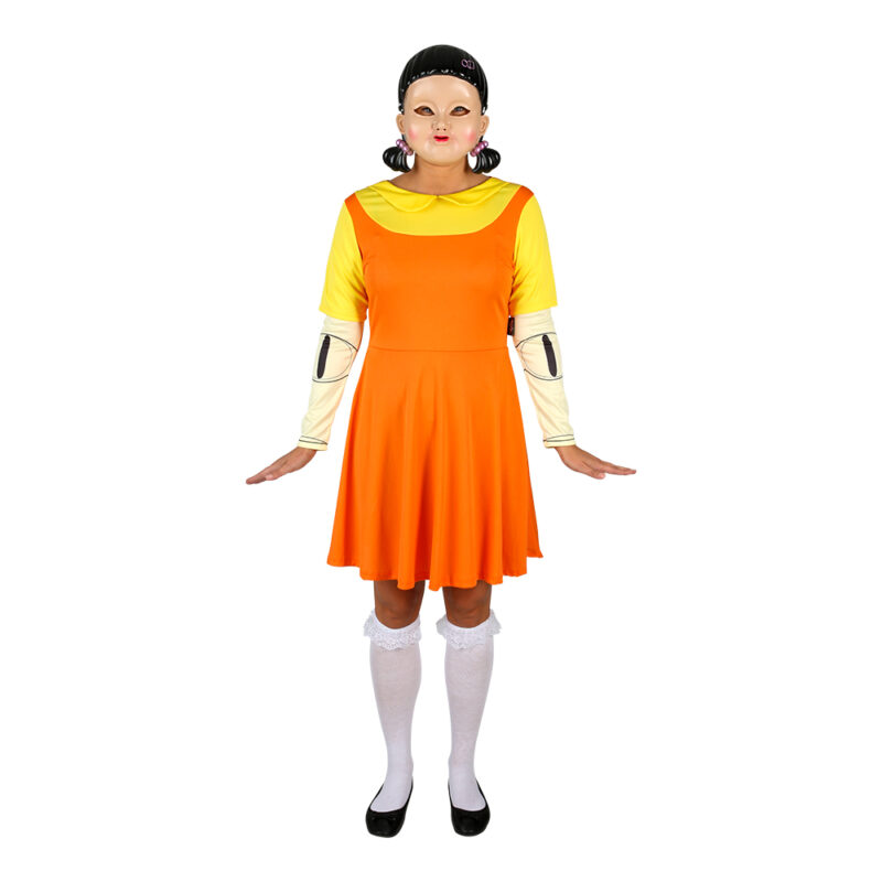 Squidgame Doll Face - mask in the shape of the doll from the series. Perfect for Halloween, masquerades and cosplay. Easy to wear and authentic Squid Game look.