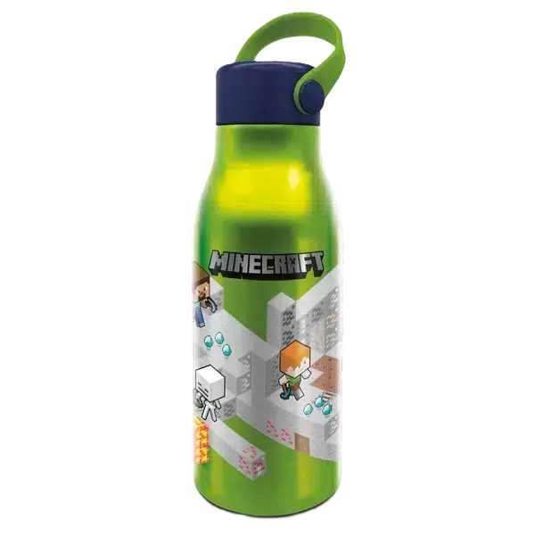 Minecraft Vattenflaska Aluminium med Handtag – alublå dricksflaska 760 ml med Minecraft-motiv. Perfekt för skola, fritid och utomhuslek.