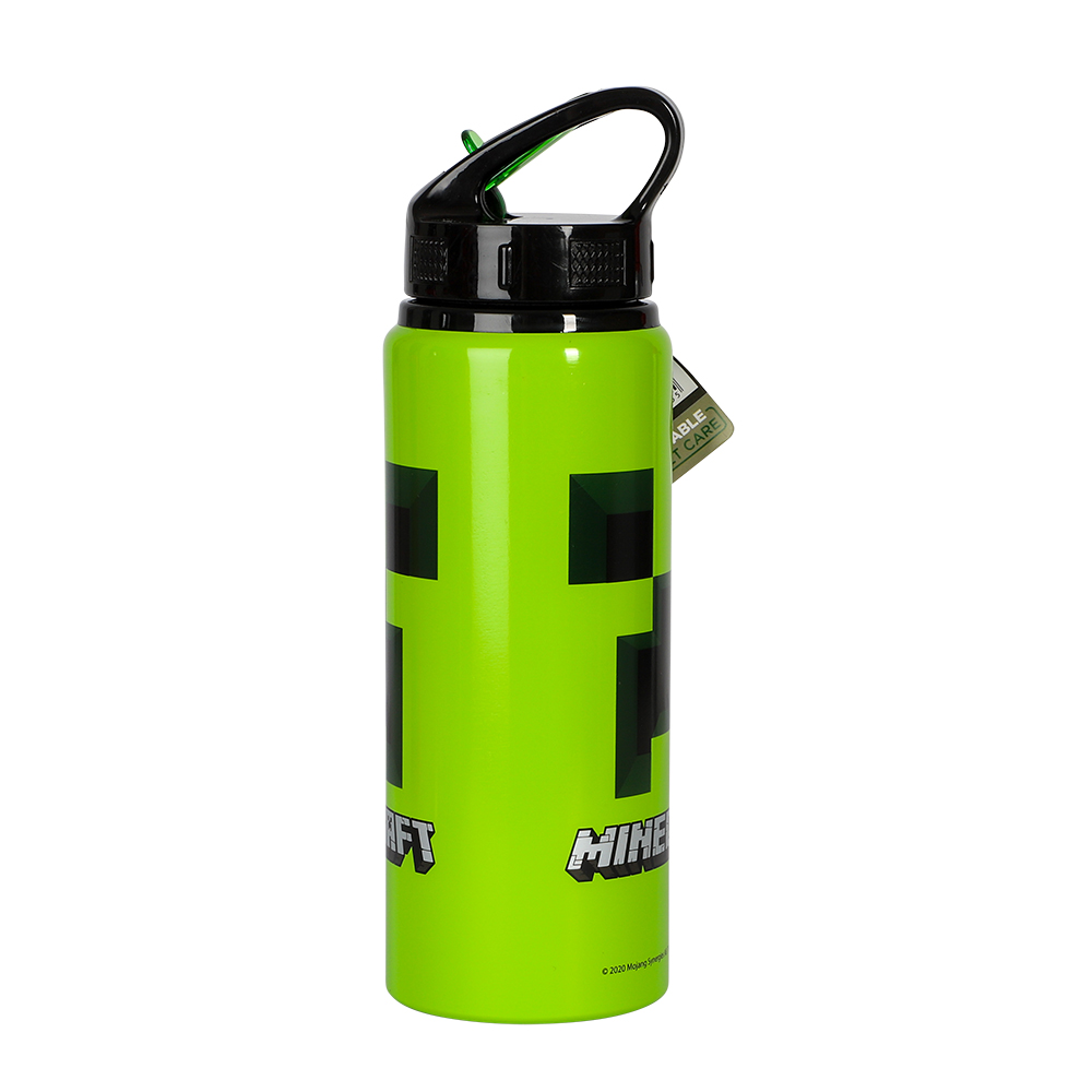 Minecraft Waterfles Aluminium 730ml - zwarte fles met groene details. Perfect voor school, training of als cadeau voor Minecraft-fans!
