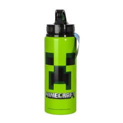 Minecraft Waterfles Aluminium 730ml - zwarte fles met groene details. Perfect voor school, training of als cadeau voor Minecraft-fans! 