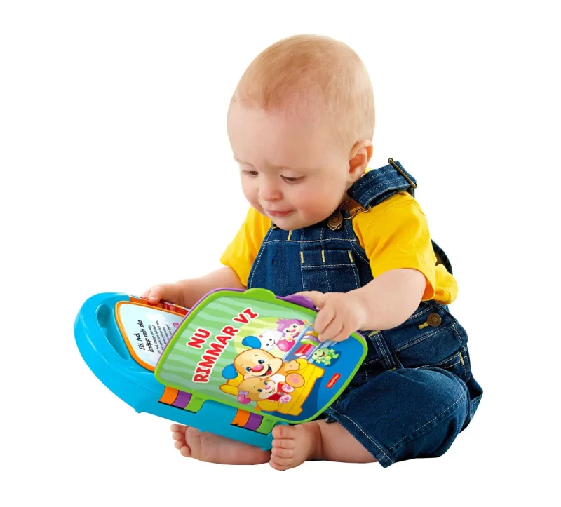 Fisher-Price Laugh & Learn Storybook Rhymes SE – en interaktiv musikbok för barn från 6 månader! Sjung med i 6 sånger, lär bokstäver, siffror, färger och former. Perfekt att ta med överallt!