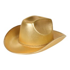 Gouden cowboyhoed in één maat is een schitterend accessoire voor maskerades, feesten of thema-avonden. Stijlvolle westernhoed die de aandacht trekt. 
