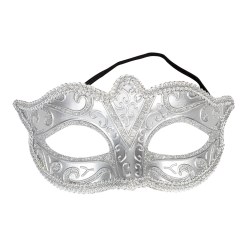 Oogmasker Venetië Zilver is een elegant halfmasker in één maat voor volwassenen. Gemaakt van kunststof en polyester met zilveren details. Perfect voor een themafeest of bal.  