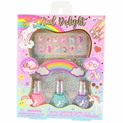 Nail Polish and Nail File Kit - children's nail kit with 3 water-based scented nail polishes, 12 press-on nails and a rainbow nail file. Safe and playful. 