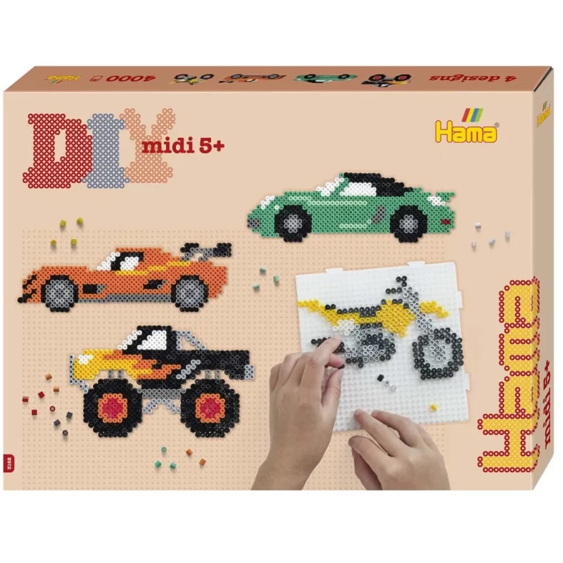 Hama Midi Gift Box Vehicles 4 000 pärlor, pärlplattor, mönster och strykpapper. Skapa fordon och fantasimotiv. Kreativt pyssel från 5 år.