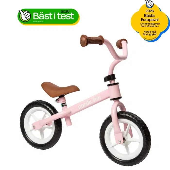 Springcykel Rosa Nordic Hoj – 10″ balanscykel med massiva EVA-däck, justerbar sadel och styre, tysta hjul och stickersark. Från 2 år, max 25 kg