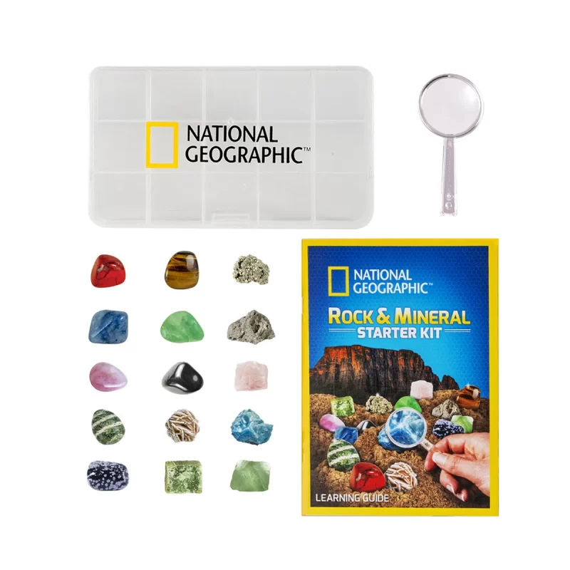 National Geographic Rock and Mineral Starter Kit – upptäck 15 mineral- och stenprover med förstoringsglas, displayask och färgguide. Perfekt från 6 år.