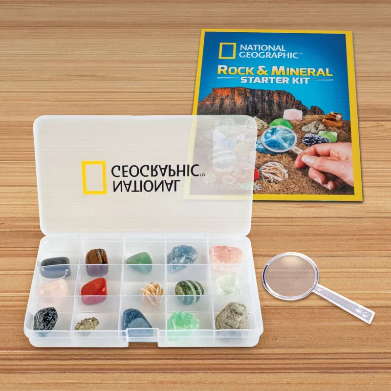 National Geographic Rock and Mineral Starter Kit – upptäck 15 mineral- och stenprover med förstoringsglas, displayask och färgguide. Perfekt från 6 år.