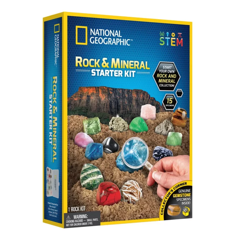 National Geographic Rock and Mineral Starter Kit – upptäck 15 mineral- och stenprover med förstoringsglas, displayask och färgguide. Perfekt från 6 år.