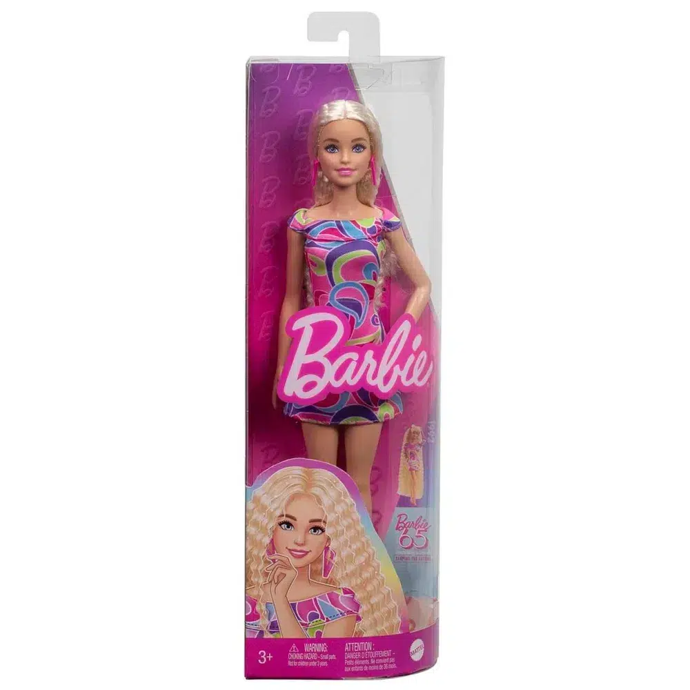 Barbie Fashionista Doll 90s Hair met lang blond golvend haar, kleurrijke kleding en roze schoenen. Een iconische pop uit de jaren 90 die inspireert tot spel en stijl.