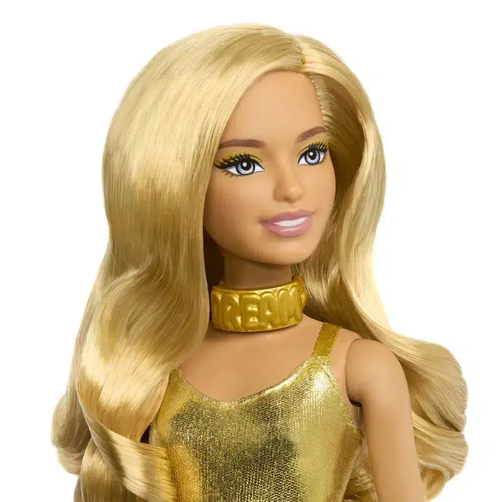 Barbie Fashionista Doll Golden Dream in glinsterende goudkleurige jurk. Een stijlvolle pop die inspireert tot creatief spel, mode en verbeelding.