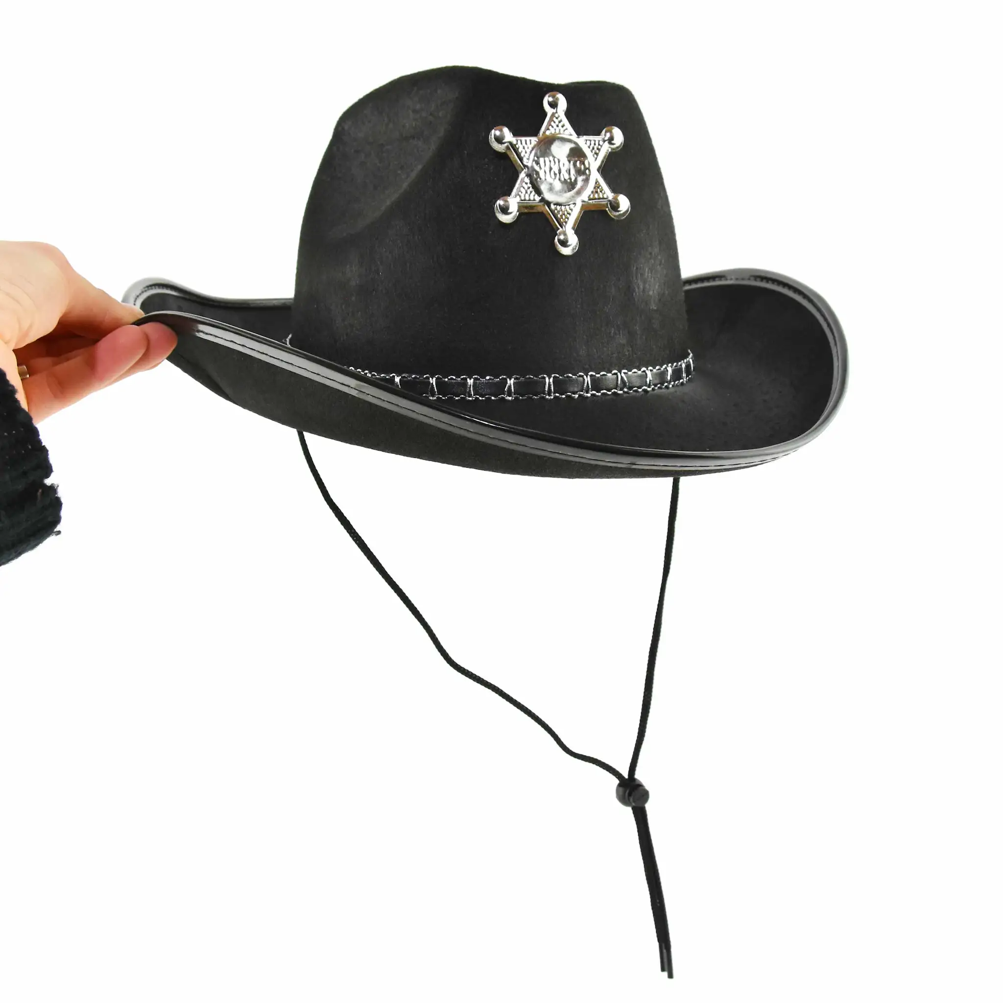 Sheriff Hat Black 33cm - classic black sheriff hat for children from 3 years. Perfect for masquerades, cowboy games and fun adventures.