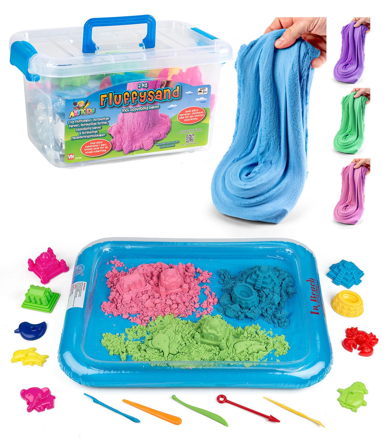 Artkids Fluffy Sand mit Zubehör - 2 kg magischer fluffiger Sand in 4 Farben, 9 Formen, 5 Werkzeuge und aufblasbare Basis. Kreatives und sauberes Spiel für Kinder ab 3 Jahren!