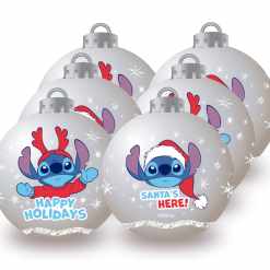 Julkulor Stitch 6-pack – tåliga polystyrenkulor med Disney-motiv. Höjd 8 cm, perfekt för granen eller temajul.