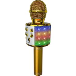 Kareokemikrofon Guld med Ljus – trådlös mikrofon med LED-ljus, Bluetooth och ekoeffekt. Perfekt för karaoke och fest! Inbyggd högtalare och USB-laddning.