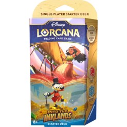 Disney Lorcana Inklands Starter Deck – förkonstruerad kortlek med 60 kort (inkl. 2 foliekort), 11 skadepoletter, regelbok och 1 boosterpaket med 12 slumpmässiga kort från Set 3. Perfekt för nybörjare och samlare.
