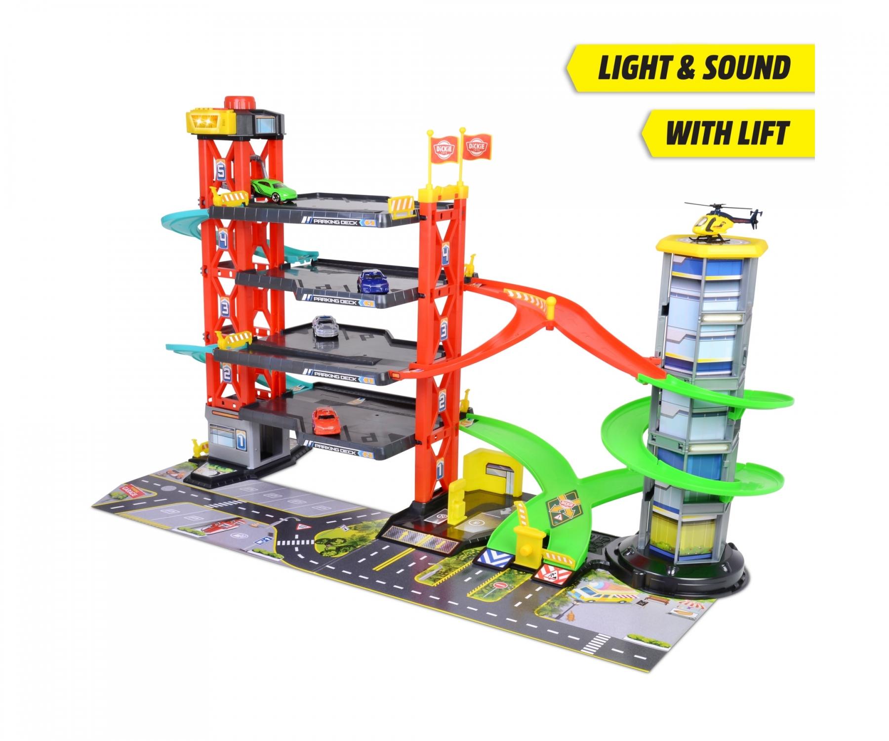 Dickie Toys Parkeringsgarage – 5 våningar, hiss, ljus & ljud. Inkl. 4 bilar & helikopter. Stort leksaksgarage för barn från 3 år!