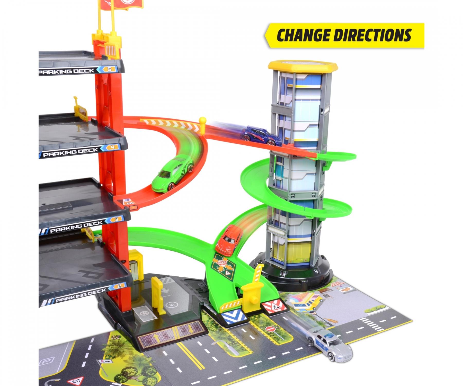 Dickie Toys Parkeringsgarage – 5 våningar, hiss, ljus & ljud. Inkl. 4 bilar & helikopter. Stort leksaksgarage för barn från 3 år!
