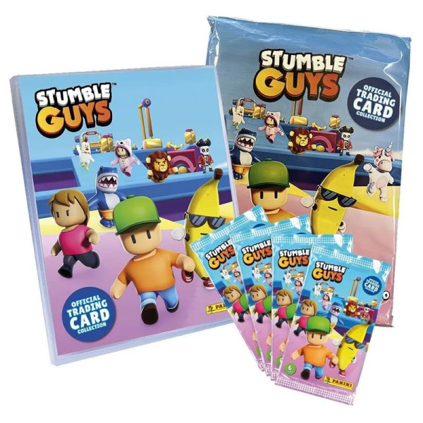 Stumble Guys Starter Pack Collector Cards - starterspakket met verzamelalbum, 3 boosterpacks (elk 6 kaarten) en 3 limited edition-kaarten. Open geheime pakketten, verzamel en ruil kaarten met vrienden.