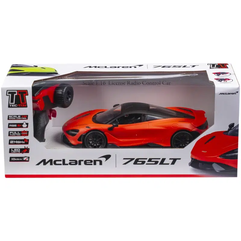 McLaren 765LT R/C 1:16 2,4GHz – upplev fart och elegans med Tec-Toys radiostyrda McLaren! Realistisk design, upp till 10 km/h och perfekt för barn från 6 år.