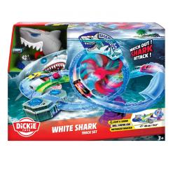 Toys White Shark Track Set – motoriserad bilbana med loopar, ljus, ljud och hajattack! Perfekt för fartfylld lek från 3 år