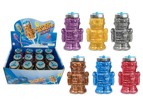 Super Robots Slime – ca 9 cm hög, mjukt och formbart slime i 6 färger (slumpmässigt). Stimulerar kreativitet och finmotorik. Från 3 år.