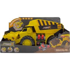 Power X Elektroniskt 2-i-1 Arbetsfordon med frontlastare och tippflak – lyft och transportera material med gräv- och lastfunktion. Längd 51 cm. Endast testbatterier ingår. Från 3 år.