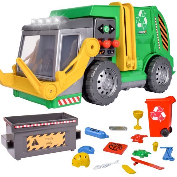 POWER X Elektronische 3-in-1 Kehrmaschine mit Lichtern und Sound - fahren Sie vorwärts und rückwärts, heben Sie den Müll auf und sammeln Sie ihn mit zwei Joysticks ein. Inklusive 15 Zubehörteilen. Länge 46 cm. Nur Testbatterie enthalten. Ab 3 Jahre alt.