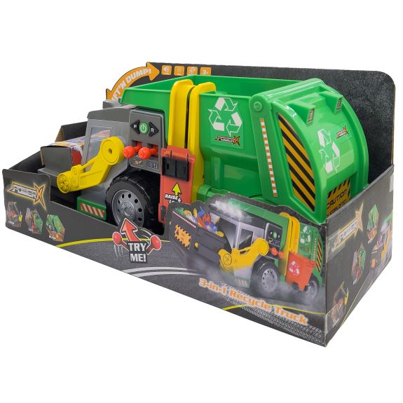 POWER X Elektronische 3-in-1 Kehrmaschine mit Lichtern und Sound - fahren Sie vorwärts und rückwärts, heben Sie den Müll auf und sammeln Sie ihn mit zwei Joysticks ein. Inklusive 15 Zubehörteilen. Länge 46 cm. Nur Testbatterie enthalten. Ab 3 Jahre alt.