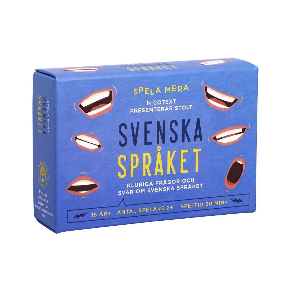 Spela Mera Svenska Språket – 380 roliga och kluriga språkfrågor. Utmana vänner och familj i grammatik, ordkunskap och språkliga upptåg med svarsalternativ.