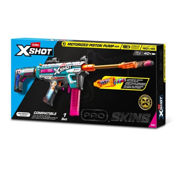 XSHOT Pro Motorized Blaster – avancerad motoriserad blaster med upp till 160 FPS. Utrustad med precisionsrullar och Air Pocket-pilar. För 14+ år, hög kraft och träffsäkerhet!