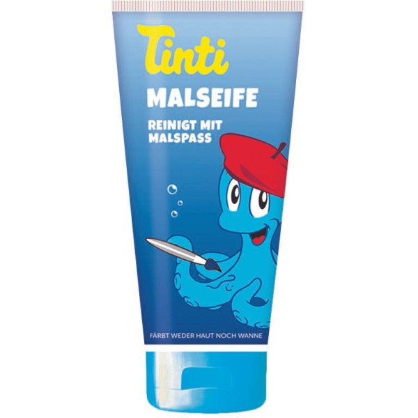 Tinti Färgtvål Blå 70 ml – lekfull och krämig tvålvän för barn. Innehåller Calendula och Panthenol, färgar inte hud eller badkar och gör badstunden rolig och färgglad.