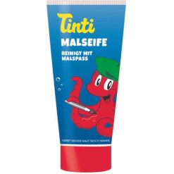 Tinti Färgtvål Röd 70 ml – färgglad och krämig tvålvän med jordgubbsdoft. Innehåller Calendula och Panthenol, färgar inte hud eller badkar och gör badstunden rolig för barn.