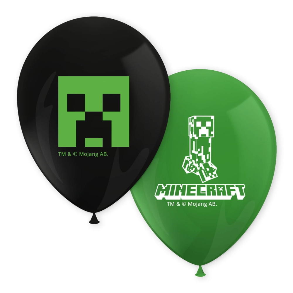 Ballonger Minecraft – festliga latexballonger med Minecraft-motiv i grönt och svart. 30 cm, 8-pack. Perfekta för Minecraft-kalas och temafester, kan fyllas med luft eller helium.