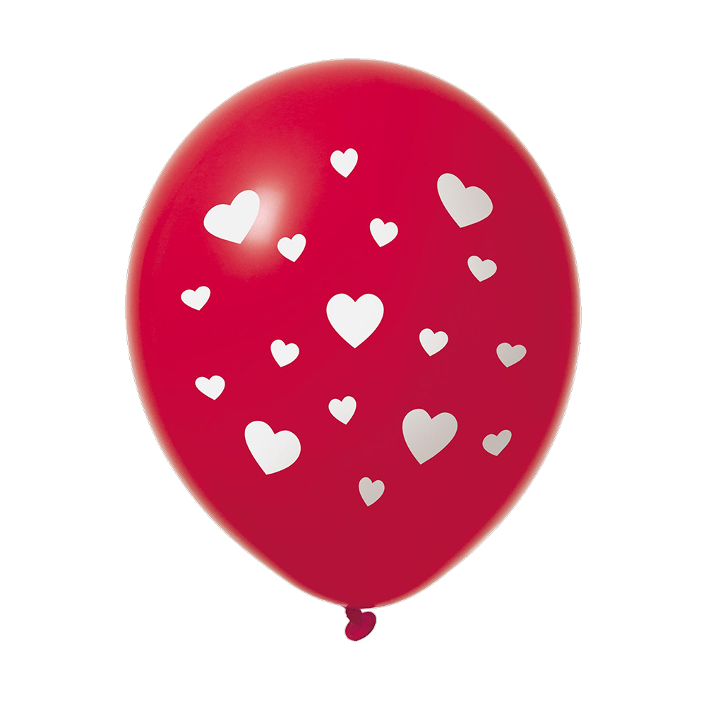 Ballonger Röda med hjärtan – 6-pack röda latexballonger med vita hjärtan. Perfekta för Alla hjärtans dag, bröllop och romantiska fester. Fylls med luft eller helium.