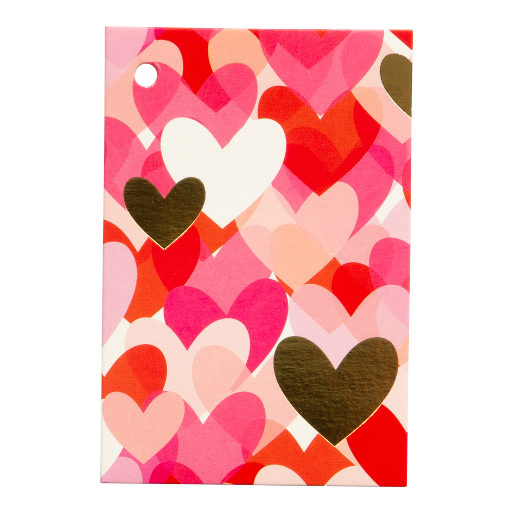 Hjärtan Minikort – gulligt mini kort med hjärtan i rosa, guld, vitt och rött. Blank insida för personlig hälsning, perfekt för Alla hjärtans dag, bröllop eller födelsedagspresenter.