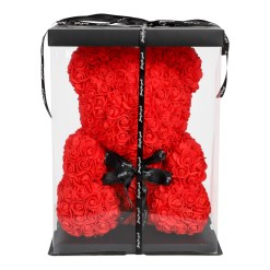 Rosbjörn 25 cm – romantisk nalle gjord av plastrosor. Perfekt som present på Alla hjärtans dag, födelsedag eller årsdag. Elegant och hållbar dekoration.