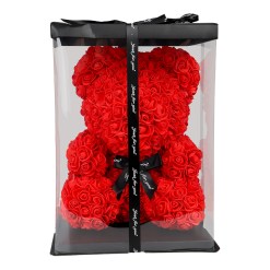 Rosbjörn 40 cm – romantisk nalle gjord av plastrosor. Perfekt som gåva till Alla hjärtans dag, årsdag eller födelsedag. Elegant och hållbar dekoration.