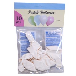 Ballonger Pastell Vit i 10-pack av naturlig gummi-latex. 30 cm stora, CE-märkta och tillverkade i Spanien. Perfekta till bröllop, dop, kalas och fest. Kan fyllas med luft eller helium.