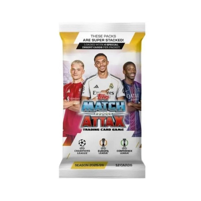 Topps Match Attax Champions League 2025/26 boosterpaket med 12 samlarkort, inklusive 4 specialkort. Perfekt för samlare och barn från 6 år. Vilka kort som fås är en överraskning.